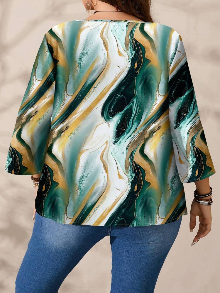 Plus Size Women Casual Water Wave Full Print Round Neck Loose 3/4 Sleeve Shirt, ,Spring/Summer/Vacation