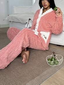 女士冬季毛绒熊印花长袖上衣和裤子睡衣套装 - 彩色 - 查看 3
