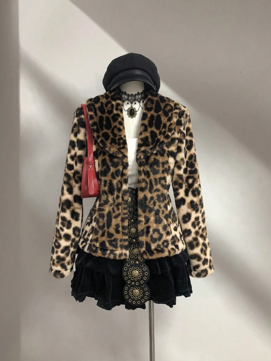 Elamini Women's New Leopard Print Fluffy Collar Leopard Print Jacket, Vintage Style, Autumn/Winter Fall Cloth For Women