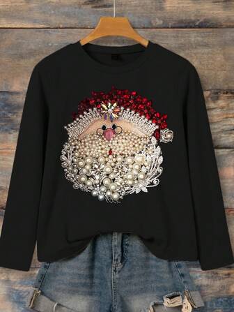 SHEIN LUNE Damen Weihnachts Cartoon Muster Langarm T-Shirt Grafik Tops für Frühling Outfit
