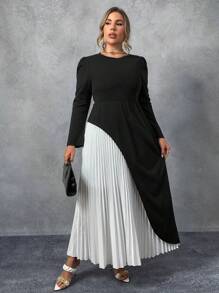 Flirla 大码双色喇叭袖褶边连衣裙，春/秋