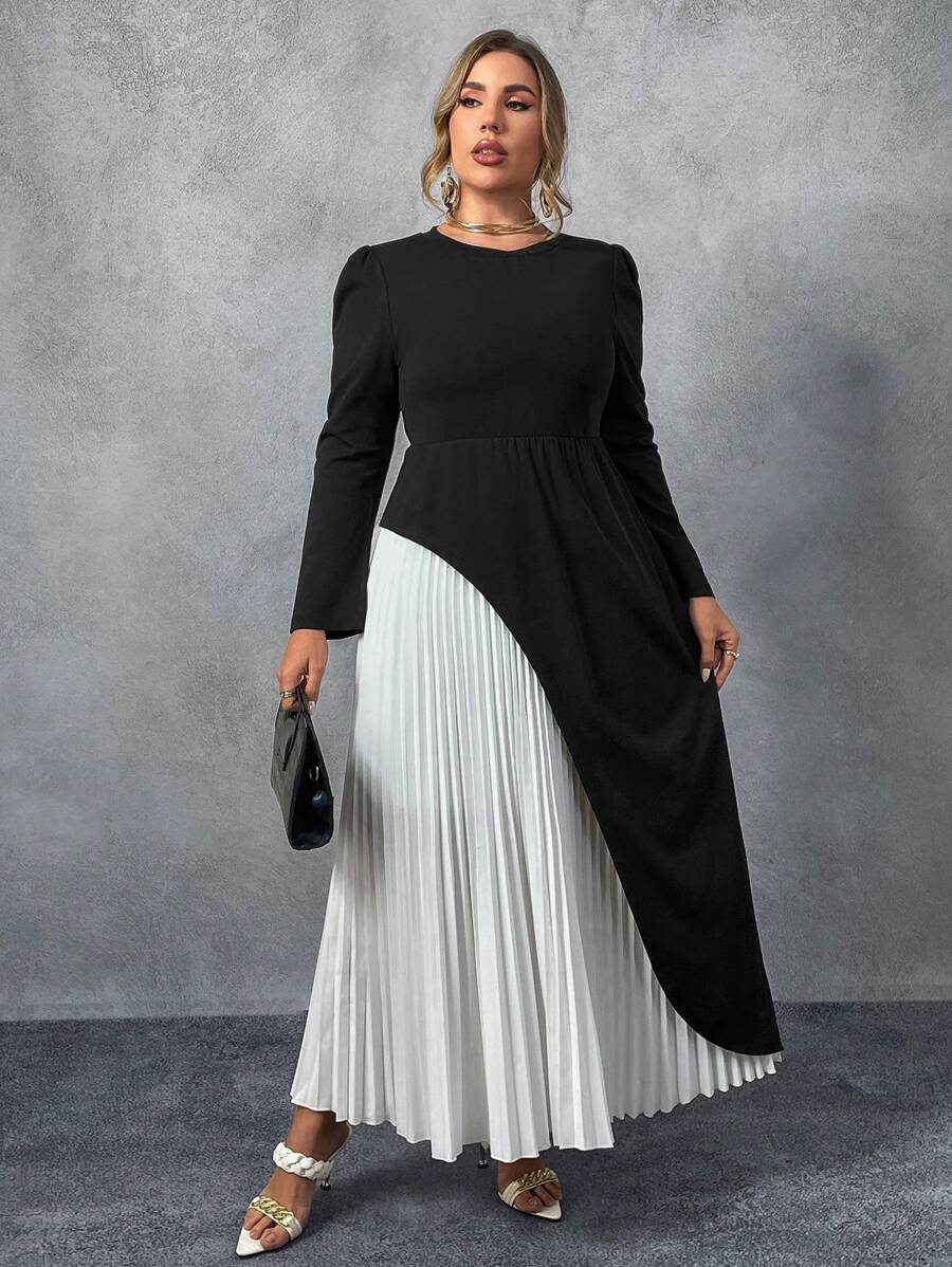 Flirla 大码双色喇叭袖褶边连衣裙，春/秋