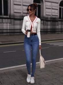 SHEIN Clasi Striped Trim Button Front Crop Cardigan - Red and White - View 4