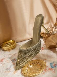 CUCCOO TILAWA Women's Glittery Crystal-Embellished Pointy Toe Kitten Heel Mules Sandals, Gorgeous, Luxury, High-End, Gold Glitter, Formal Dress Shoes - Gold - View 2