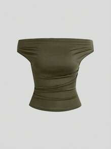 Sweetra 女士纯色露肩褶皱简约衬衫，休闲日常穿着 - 彩色 - 查看 3