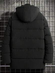 Manfinity Homme 男士纯色连帽领拉链口袋加厚外套，冬季外套，保暖外出黑色休闲外套，适合朋友、丈夫、男朋友的礼物 - 黑色 - 查看 2