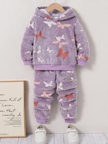 Bộ 2 món/Bộ áo trùm đầu họa tiết bướm thường ngày cho bé gái và quần dài tay - Màu Lilac Tím - Xem 1