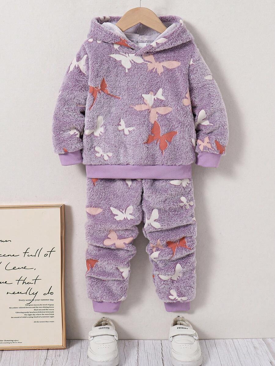 Bộ 2 món/Bộ áo trùm đầu họa tiết bướm thường ngày cho bé gái và quần dài tay - Màu Lilac Tím - Xem 1