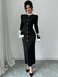Gloray Women's Ruffle Stand Collar Flared Sleeve Fitted Fishtail Hem Elegant Long Dress, Autumn/Winter Maxi Women Outfit