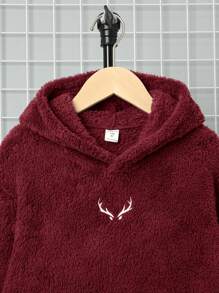SHEIN Tween Boy Embroidered Two-Sided Fleece Hoodie Pullover, Casual
