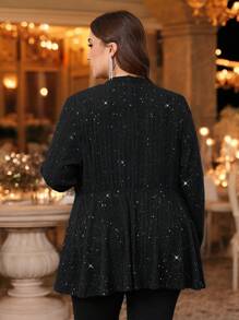 SHEIN Privé كارديجان كنزة صوفية محبوك مزين بالكسرات والغليتر ذو أكمام طويلة وياقة على شكل حرف V مناسب للمناسبات الرسمية والحفلات المسائية والأنيقة مثل حفلات الشاي بعد الظهر والمواعدة والحفلات الموسيقية ، مقاس كبير - الأسود - مشاهدة 2