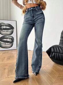 SHEIN EZwear Quần Jeans Rách Rụa Loe Co Giãn Hippie Mùa Đông Cho Nữ - Rửa trung bình - Xem 6