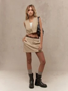 MISSGUIDED Lace Waist Detail Tailored Mini Skirt - Khaki - View 4