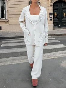 RueChic 2 Pcs Button Pearl Detail Cardigan And Pant - Beige - View 3