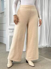 SHEIN Privé Conjunto de punto cálido y acogedor de talla grande para mujer, que incluye suéter tipo pullover y pantalones, adecuado para uso casual y de estar en casa en otoño/invierno, con tela suave y agradable a la piel