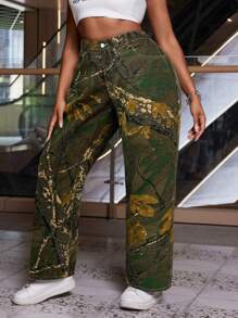 Slaydiva Plus Size Casual Camouflage Print Straight Leg Jeans - Multicolor - View 6
