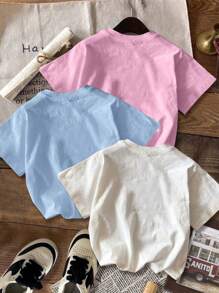 SHEIN EZwear Áo thun ngắn tay cổ tròn in họa tiết tiếng Anh Mỹ cổ điển tối giản 3 món/bộ, mùa hè - Nhiều màu - Xem 2