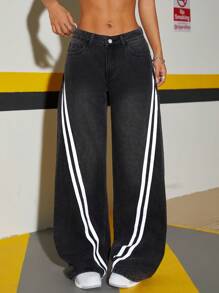 SHEIN ICON 女式休闲宽松侧条纹印花口袋细节牛仔裤 - 黑色 - 查看 1