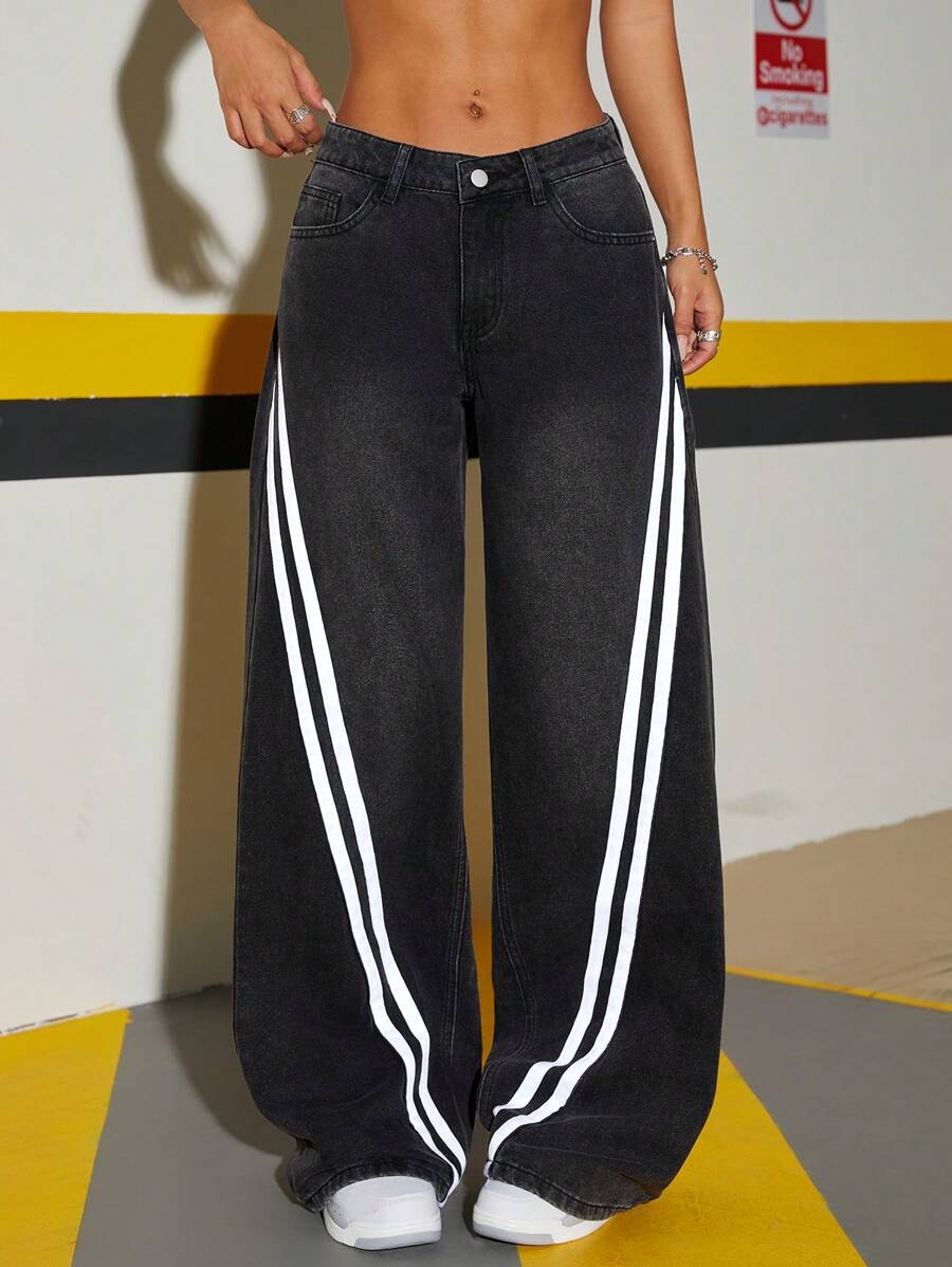 SHEIN ICON 女式休闲宽松侧条纹印花口袋细节牛仔裤 - 黑色 - 查看 1