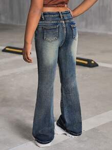 SHEIN Jeans flare in vita alta per ragazze, stile Y2K vintage, lavaggio a effetto grinzoso, outfit casual streetwear per ragazze, look autunnale per il ritorno a scuola