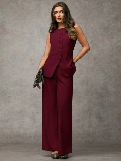 SHEIN BAE Enknäppt enknäppt väst och byxor för kvinnor Elegant pendlingsdräkt, sommar höst Kvinnor Kläder Kvinnor Set Kontorskläder Business Casual Kvinnor Tvådelade Outfits Höst Kvinnor Kontorskläder Kvinnor Set Kvinnor Blazers Set