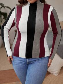 SHEIN Clasi Plus Size Zipper Closure Long Sleeve Striped Minimalist Pullover Knit Sweater - Burgundy - View 4