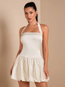 SHEIN BAE Váy xòe bồng bềnh satin không tay cổ yếm màu trơn cho nữ, thích hợp cho các cô gái đi chơi đêm, tiệc tùng, hẹn hò - Màu be - Xem 3