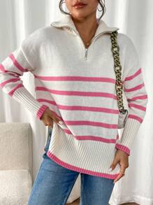 Chiquease Áo len dáng rộng, vai rớt, kẻ sọc, khóa kéo nửa thân, thích hợp cho mùa thu/đông. - Nhiều màu - Xem 1