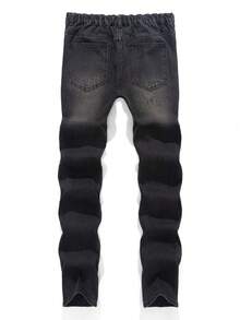 SHEIN 青少年男孩时尚休闲黑色庆祝万圣节蜘蛛网图案黑色宽松直筒牛仔裤适合日常穿着和秋装 - 黑色 - 查看 2