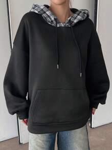 DAZY Áo nỉ nỉ kẻ caro dáng rộng thoải mái mới cho nữ mùa thu - màu đen - Xem 10