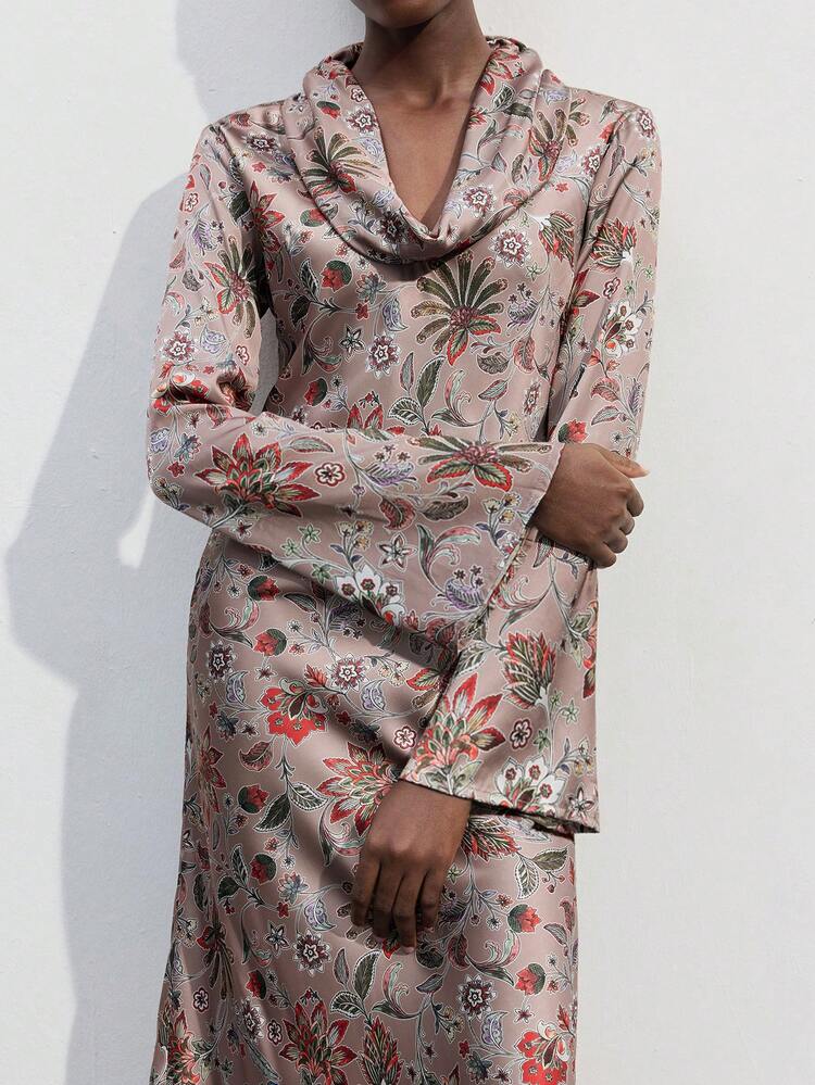 SHEIN Maija Robe élégante à imprimé végétal, col carré et manches longues pour femmes, automne