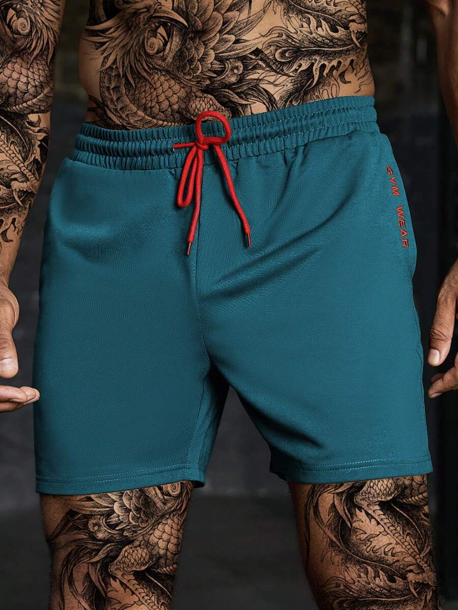 Manfinity Fitness Boyfriend Style Men's Simple Letter Print Front Tie Sports Shorts, Casual Everyday Wear - Blue - View 1