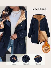 SHEIN LUNE Áo khoác dài tay có dây rút eo cỡ lớn cho nữ, áo khoác nỉ, quần áo mùa đông cho nữ, quần áo mùa đông - Màu xanh hải quân - Xem 1