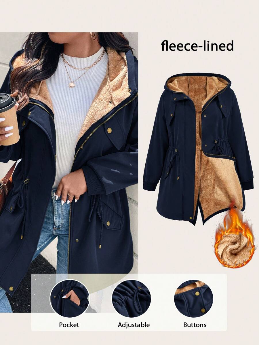 SHEIN LUNE Áo khoác dài tay có dây rút eo cỡ lớn cho nữ, áo khoác nỉ, quần áo mùa đông cho nữ, quần áo mùa đông - Màu xanh hải quân - Xem 1