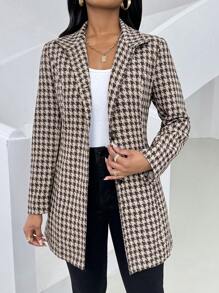 Zolique 女士休闲千鸟格纹单排扣中长夹克 - 咖啡棕 - 查看 3
