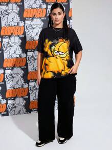 GARFIELD | SHEIN Plus Size Fashionable Street Style Cute Cartoon Graphic Cat Print Knit Loose Fit Short Sleeve Crew Neck Comfortable T-Shirt, For Summer