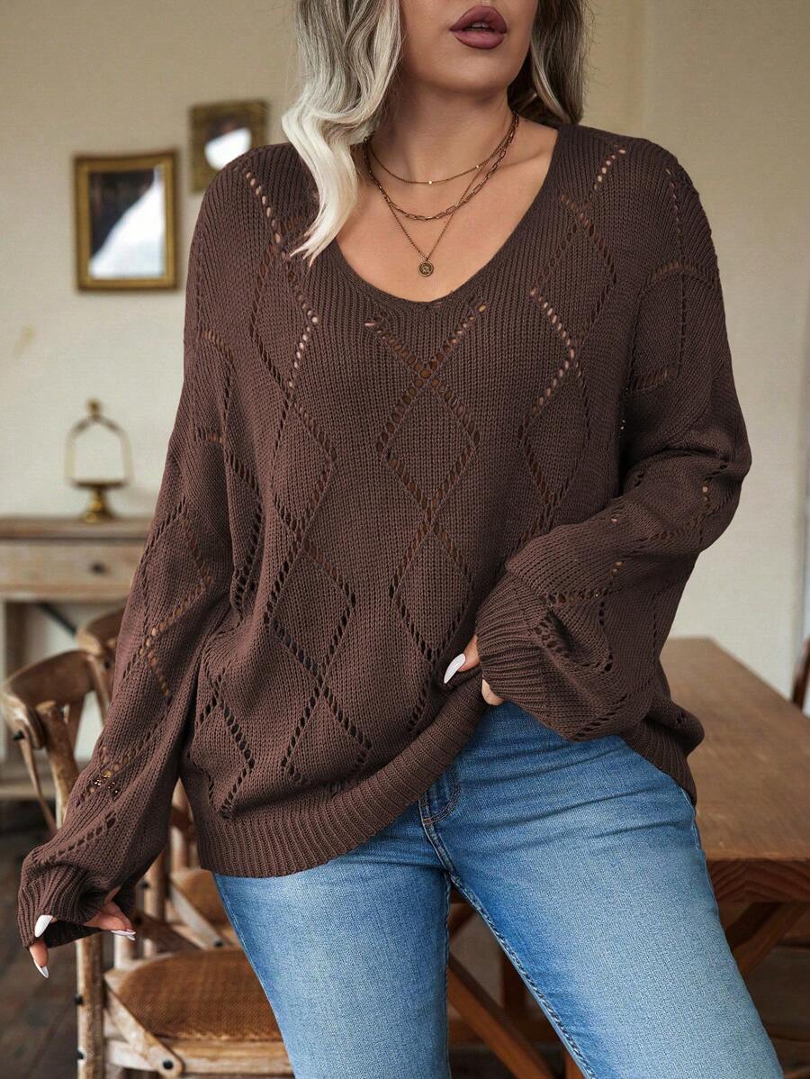 EMERY ROSE 大码纯色V领长袖镂空极简毛衣，休闲日常穿着，冬季针织套头衫 - 咖啡棕 - 查看 1