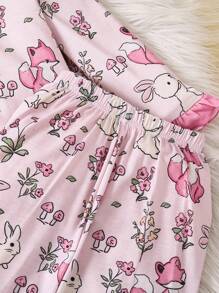 2 件套年轻女孩简约杏色长袖兔子印花家居服套装，休闲舒适 - 粉色 - 查看 7