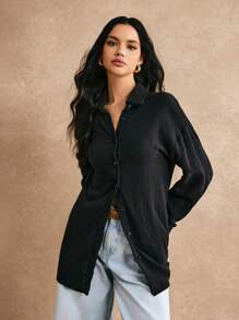 Poéselle 落肩袖素色長款襯衫 - 黑色 - 查看 4