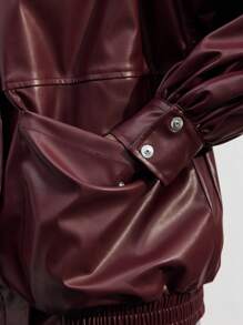 Maija 女士休闲安哥拉红色 PU 皮革拉链夹克，宽松时尚，适合日常穿着，秋冬季 - 酒紅色 - 查看 3