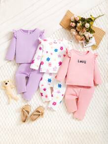 SHEIN 3pcs/Set Baby Girl Floral Print Long Sleeve Top And Pants Outfit, For Autumn Outings