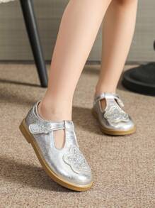 银色芭蕾平底鞋幼儿女童一脚蹬休闲鞋，儿童春季鞋 - 銀色 - 查看 3