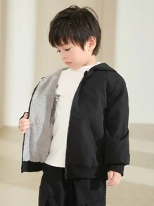 SHEIN Set de 2 piezas de chaqueta con capucha y pantalones de pierna recta y acogedora para bebé niño, apta para viajes, escuela, hogar, ocio, calle, fiesta y actividades al aire libre - Negro - Ver 6