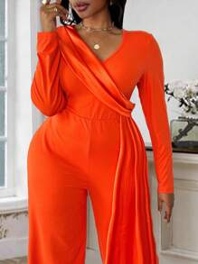 Maweii 大码纯色 V 领裹身长袖连体裤