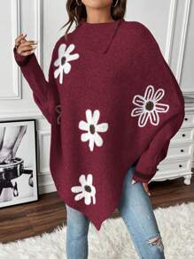 Chiquease Floral Print Asymmetric Hem Stand Collar Long Sleeve Sweater