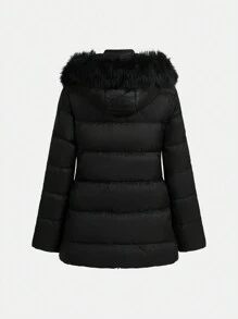 SHEIN Essnce 女士冬季休闲纯色毛领连帽羽绒夹克