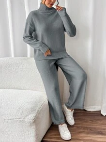 Chiquease 2 件套女士纯色高领落肩长袖休闲毛衣和针织裤套装，秋冬 - 灰色 - 查看 6