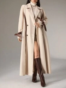 Heiryn Women's Solid Color Splice Front Button Long Sleeve Stand Collar Casual Trench Coat - Apricot - View 1