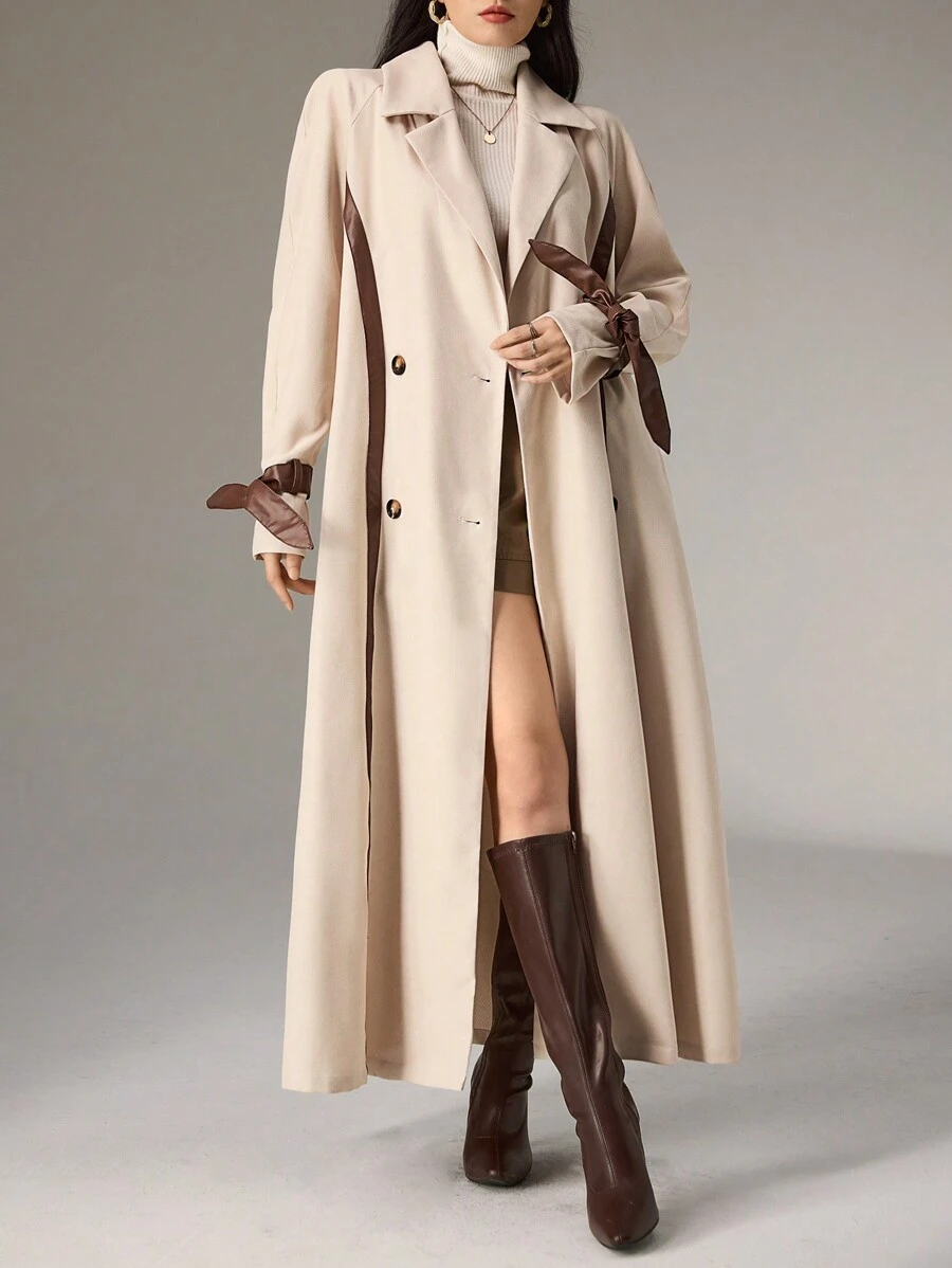 Heiryn Women's Solid Color Splice Front Button Long Sleeve Stand Collar Casual Trench Coat - Apricot - View 1