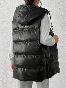 SHEIN Essnce Black Hooded Leather Down& Feathers Jacket With Double Pockets, Zipper, Windproof And Warm, 50% Filled Down& Feathers Down& Feathers Jacket, Side Slits, Metal Buckle, Adjustable Mid-Length Down& Feathers Jacket